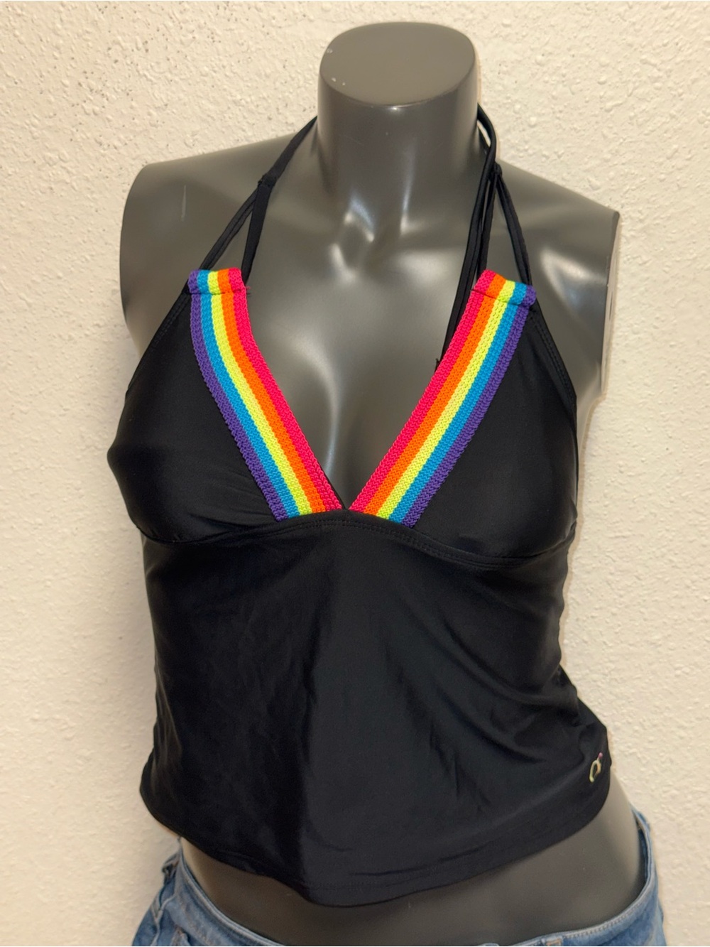 OP Black Women's Swim Coverup Tankini with Rainbow Trim